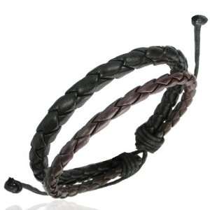 Woven Black and Brown Leather Bracelet, Adjustable, for Men and Women