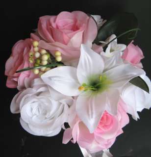   Bridal Silk flowers PINK WHITE LILY 17 pc centerpieces bouquets  