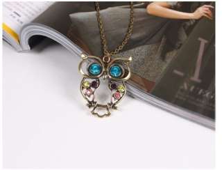 Vintage Colorful Cute Owl Carved Hollow Chain Necklace  