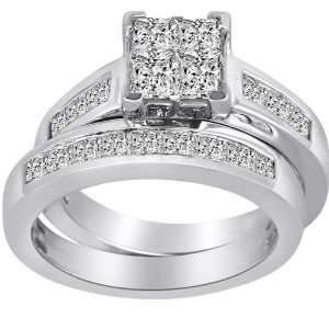 : 14K White Gold Princess Diamond Bridal Engagement Wedding Ring Set 