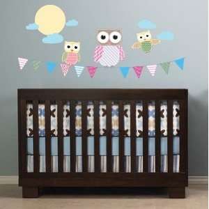  Banner Flag with 3 Owls Moon Clouds Vinyl Wall Decal Cute for Nursery