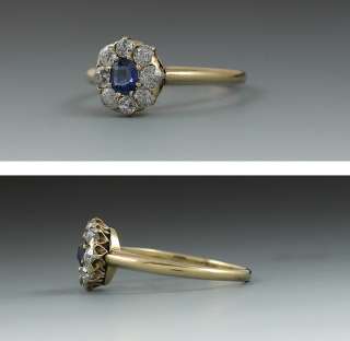 Antique 14K Gold Sapphire & Diamond Flower Head Ring  