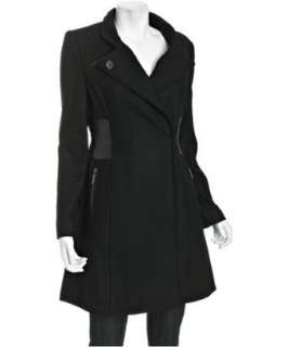 Nicole Miller black wool blend leather detail coat   