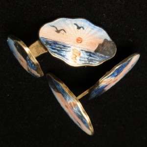 Norway Scenic Picture Landscape Cuff Links Sterling Silver Enamel O.F 