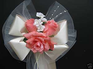 PEACH/ IVORYsatin wedding pew bows decorations bouquet  