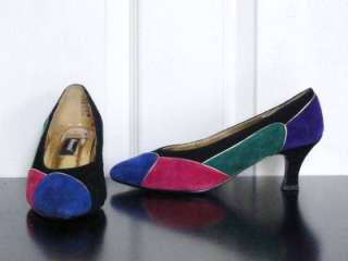 Vintage 80s Suede Shoes Ellemeno Pumps Multi Colored Pumps Size 7 