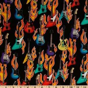   Wide Pleasures & Pastimes Flaming Guitars Black Fabric By The Yard