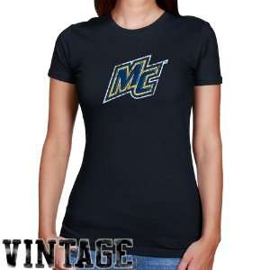   Warriors Ladies Navy Blue Distressed Logo Vintage Slim Fit T shirt
