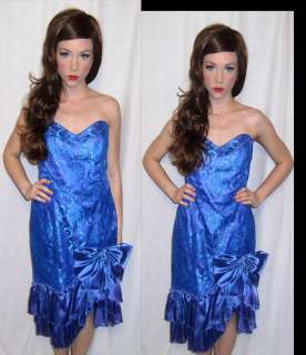   Vintage 80s Blue LACE Sweetheart Huge BOW Ruffle Prom Party Dress M