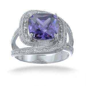  3CT Purple Cushion Cut & White CZ Antique Ring In Sterling 