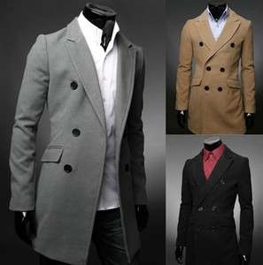 Mens Stylish Double Breasted Woolen Pea Coat (3 color, XS~L)  