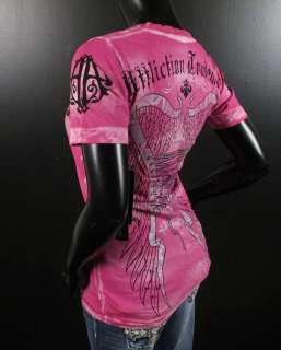 Womens Affliction Sinful T Shirt Pink CLOVE Cross with Stones!  