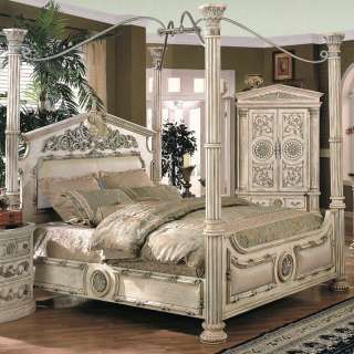 Traditional Formal Antique Whitewash King Leather Poster Canopy Bed 
