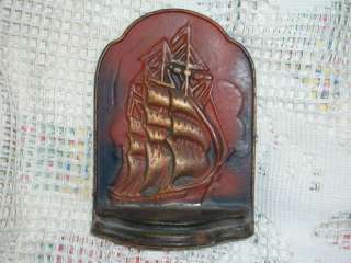 Old Antique Polychrome Cast Iron Bookend Sailing Ship  