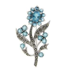  Sterling Silver Marcasite Blue CZ Flower Brooch Jewelry