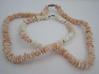 Vintage White & Pink Puka Shell 18 Necklace w/ Bracelet Set  