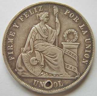 Peru Republic silver thaler coin dated 1868  