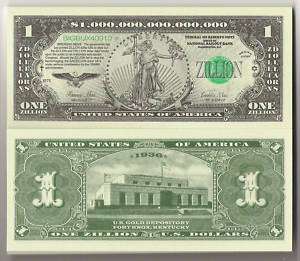 Fort Knox Zillion Dollar Novelty Dollar Bill Obama  