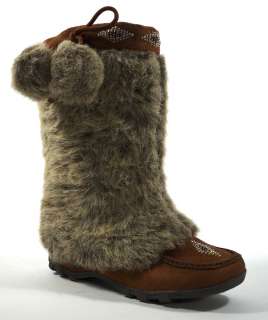 SKU! Moccasin Mukluk Faux Fur Suede boots with Pompoms Dangles British 