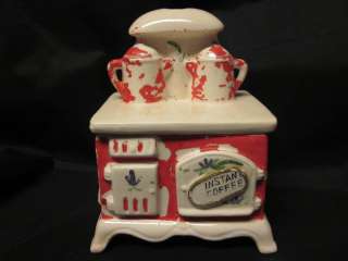   PORCELAIN MINIATURE STOVE INSTANT COFFEE SPOON HOLDER RED WHITE 5