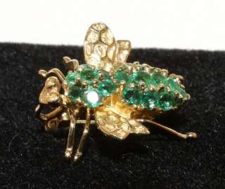 Estate 14K Gold .60ct Emerald Fly Brooch Pin / Pendant  