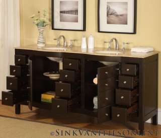   Travertine Stone Top Dark Walnut Double Sink Bathroom Vanity Cabinet