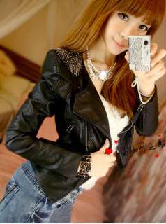 New Fashion Charming Women PU Leather Epaulet Slim Jacket Coat Black 