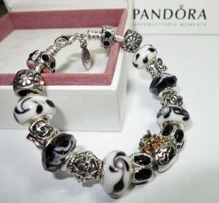 Authentic Pandora Bracelet Black & White Elegance w/ 17 Beads/Charms 