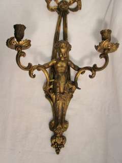   VICTORIAN Style BRASS Figural CHERUB & BOW Double CANDLE Wall SCONCE
