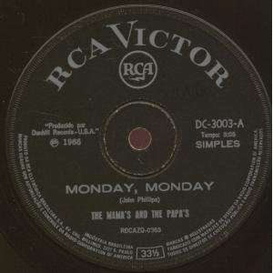 MONDAY MONDAY 7 INCH (7 VINYL 45) BRAZILLIAN RCA VICTOR 1966 MAMAS 