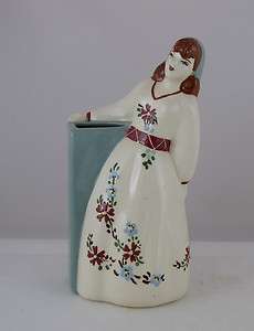 Weil Ware California Pottery Lady in Floral Dress w Flower Holder, 10 