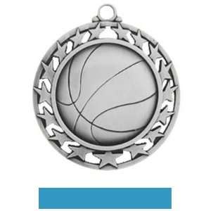   Custom Basketball Medal With Stars SILVER MEDAL/LT. BLUE RIBBON 2 1/2