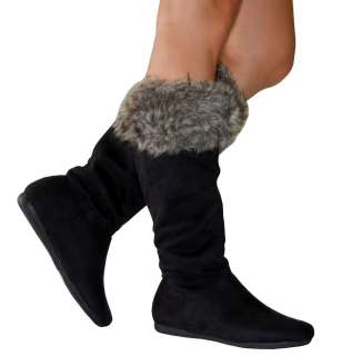   , Comfy & Stylish Cuff Faux Fur Suede Knee High Flat Boots Blk All Sz