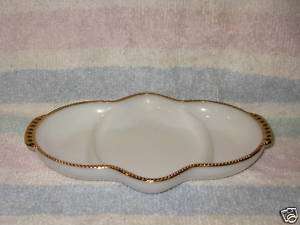 Fire King Oven Ware 3 Section White & Gold Serving Dish  