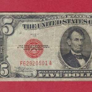 US CURRENCY 1928C $5 RED SEAL US NOTE CHOICE FINE Old Paper Money Free 