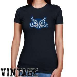 Rice Owls Ladies Navy Blue Distressed Logo Vintage Slim Fit T shirt