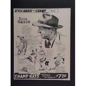 Dixie Walker Brooklyn Dodgers 1947 Champ Hats Advertisement Bulletin 