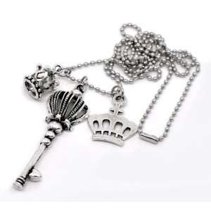   Silver plated base Crown and Key Necklace (Long 80cm Chain) Jewelry