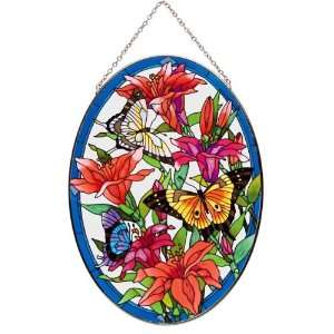   12.75 Butterflies & Lilies Oval Stained Glass Art Panel by Joan Baker