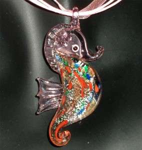 PRETTY PINK LAMPWORK GLASS SEAHORSE NECKLACE  