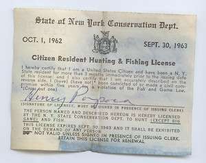 Vintage New York State Fishing & Small Game License 1963  