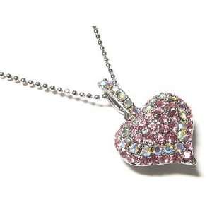   Pink Crystal Puff Heart Necklace   White Gold Plated 
