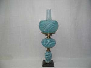 RARE BLUE OPAL SWIRL THREE TIER ART GLASS BANQUET LAMP  