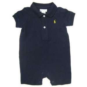   Ralph Lauren Baby Boy Shortalls in Solid Navy Blue, Yellow Pony Baby