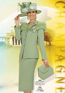 Champagne Italy 3824 Apricot Sage Green Fox Fur Church Dress Suit 
