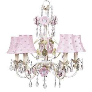 Ivory, Sage and Pink Five Arm Flower Garden Chandelier with Pink Beads