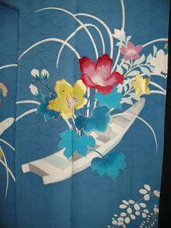 Antique Blue Houmongi Kimono w/Crest, Kiku, Boat Q534  