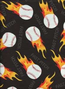 FAST PITCH BASEBALLS FLAMES ON BLK Cotton Quilt Fabric  