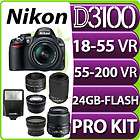 New Nikon D3100 SLR Camera + 4 Lens Kit,: 2 VR: 18 55, 55 200 VR +24GB 
