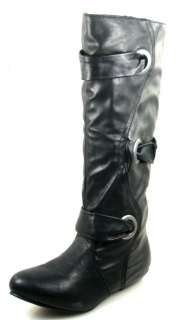 Flat Heel Knee High Strap Women Boots Shoes BLK PU Sz 6  